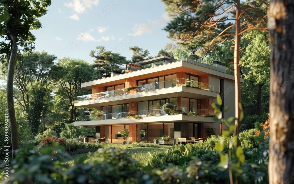 Modern apartments with spacious balconies amidst green trees under a blue sky.
