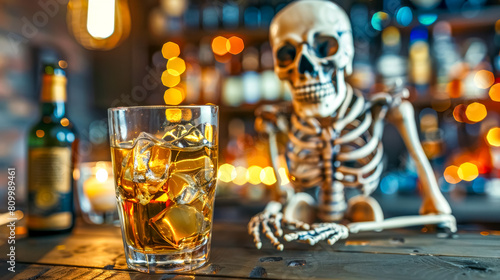 Whiskey with ice in foreground and skeleton at bar, alcohol kills concept photo