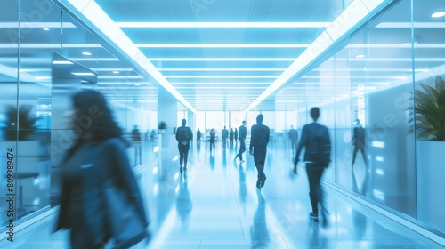 image of inside an office with people moving in the background, with light blue and white