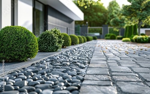 Modern driveway with decorative bushes and neat paving stones.