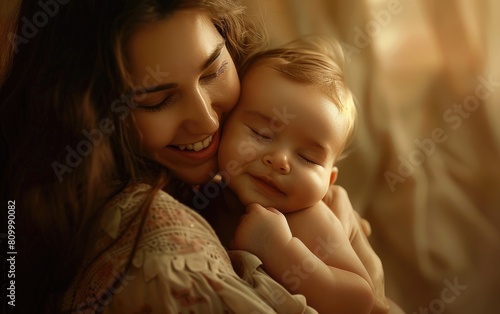 Mother tenderly holding her smiling baby in a loving embrace. photo