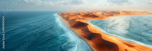A scorching desert sandspit lies between the tranquil ocean and sea. photo