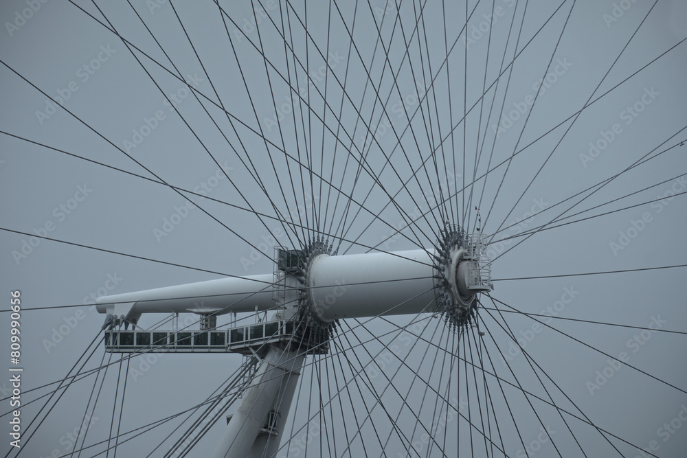 London, United Kingdom - March 20, 2023. Metal structure of a ferris wheel called The London Eye in London, England, United Kingdom