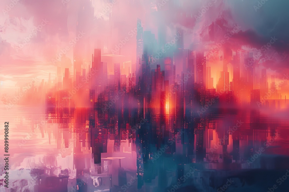 This visually stunning image captures a surreal pink-hued cityscape, mirrored flawlessly on the surface of calm waters