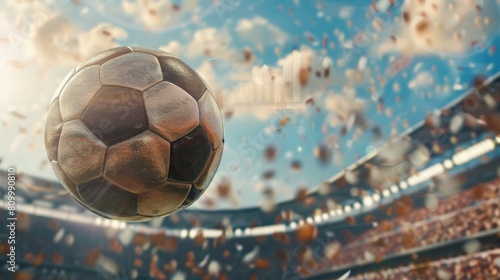 A close up of a soccer ball flying through the air towards the goal with the stadium in the background. photo