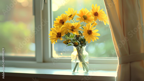 Tranquil room setting featuring yellow flowers in a glass vase, creating a peaceful ambiance with their gentle hue.