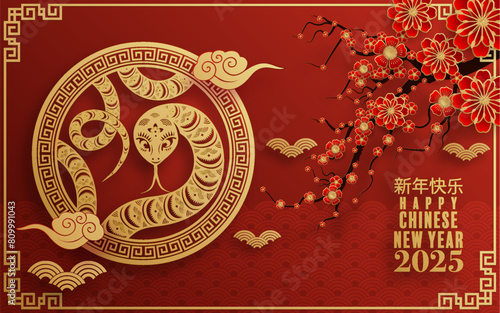Happy chinese new year 2025  the snake zodiac sign with flower,lantern,pattern,cloud asian elements red,gold  paper cut style on color background. (Translation : happy new year 2025 year of the snake)