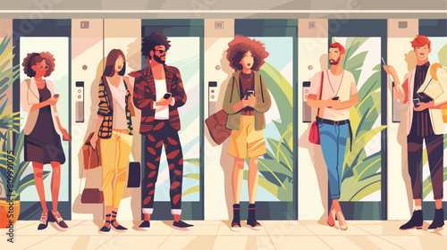 Young people dressed in trendy clothes standing in elevator