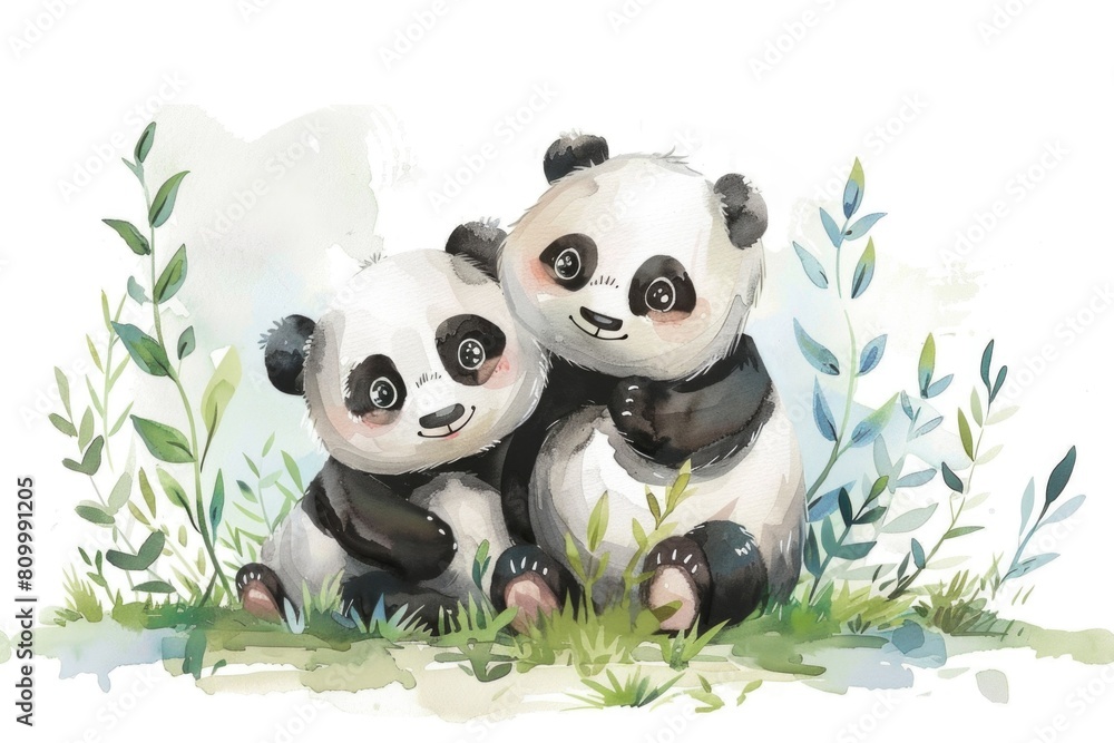 Obraz premium Two panda bears sitting next to each other. Suitable for wildlife and animal themes
