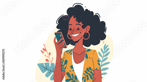 Young smiling woman with gadget. Flat cartoon character