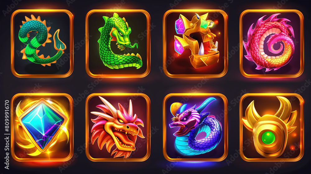 Dragon Assets or Set of slot game icons on dark background, Illustration Dragon Assets or Set of slot game icons on dark background, Illustration