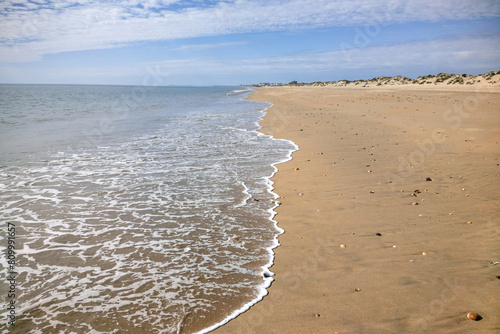 Empty beach with dune area in Huelva, Andalusia, Spain 