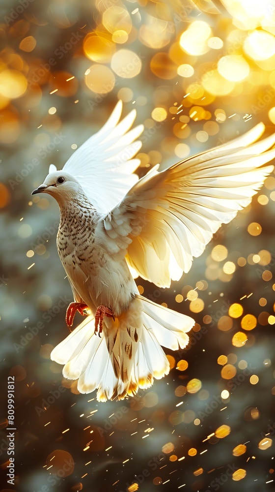 Fototapeta premium A white dove, symbol of peace, soars with outstretched wings in a clear blue sky