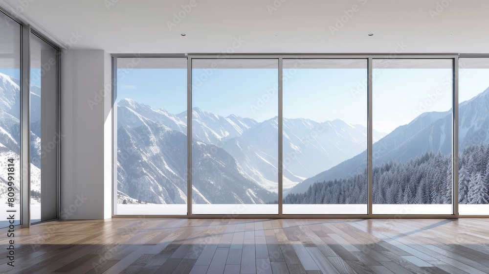Obraz premium Panoramic window overlooking a snowy mountain valley