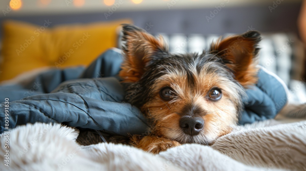 Charming small dog snuggles in a soft bed, bringing warmth and comfort to any space Charming small dog snuggles in a soft bed, bringing warmth and comfort to any space