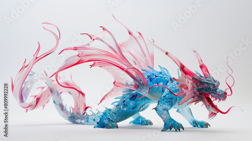 Chinese dragon, full body shot, made of translucent plastic material in pink and blue colors, photo