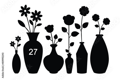 Set of cute flowers and twigs in ceramic vases isolated on white background. Vector hand-drawn illustration in doodle style. Perfect for cards, decorations