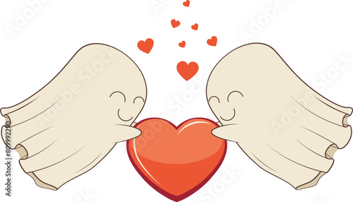 Valentine ghosts with heart. Cute cartoon valentine ghosts with heart illustration.