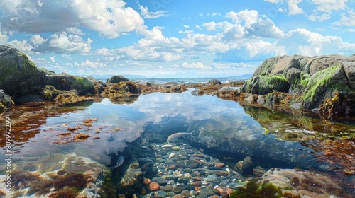 A picturesque natural landscape featuring a body of water surrounded by rocks and mountains  with a clear blue sky and fluffy clouds reflecting in the calm water AIG50