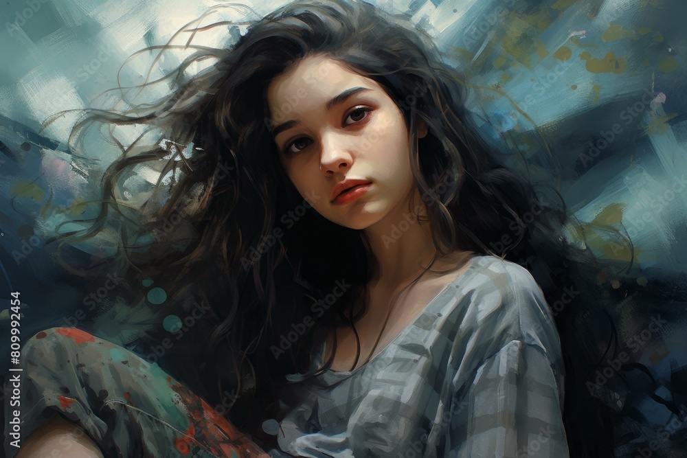 Artistic illustration of a young, contemplative woman with lush, flowing hair against a textured, abstract background Artistic illustration of a young, contemplative woman with lush, flowing hair against a textured, abstract background