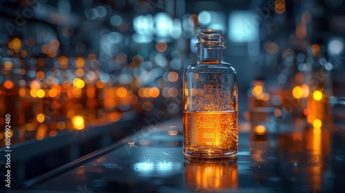 A close-up image of a clear glass bottle containing a mysterious, glowing orange liquid. The bottle is sitting on a reflective surface with a blurred background of lights. photo