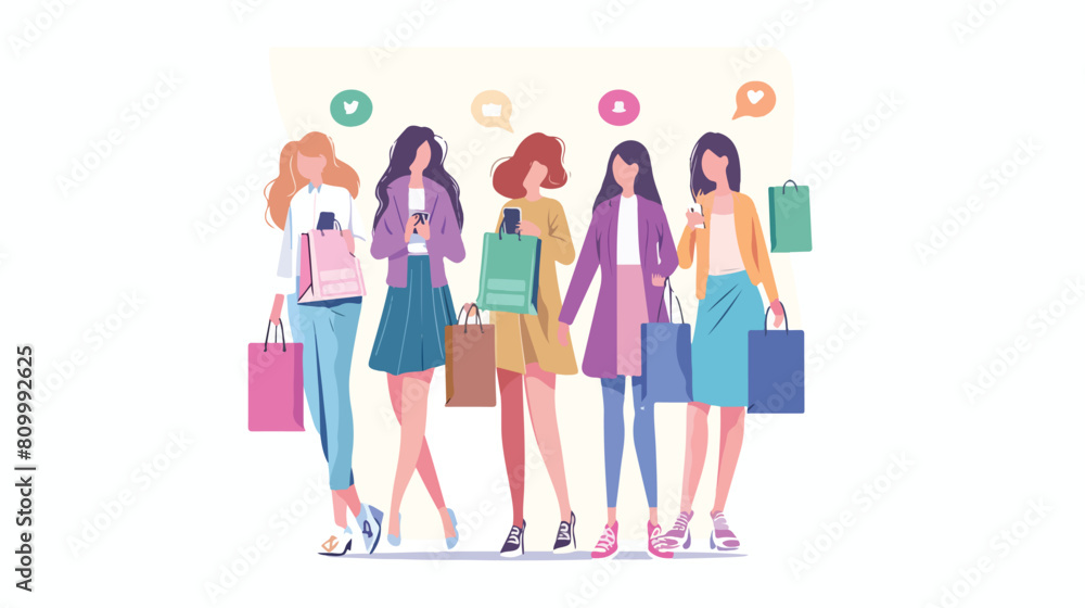 Young women with shopping bags and smartphones mobile
