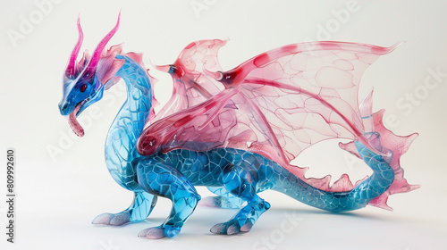 Chinese dragon  full body shot  made of translucent plastic material in pink and blue colors 