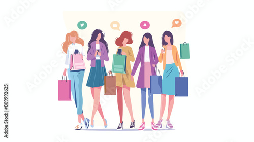 Young women with shopping bags and smartphones mobile