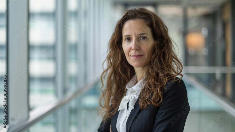 Fototapeta premium A confident professional woman with curly hair standing in an office building, casually posing by the glass railing.