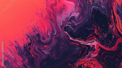  A red, black, and purple abstract painting with copious paint splatters along its edge