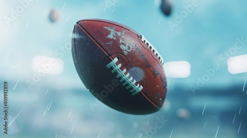 Close up of a wet American football in mid air photo