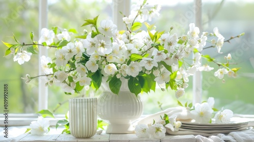  A white table holds a vase filled with white flowers Nearby, a plate and another vase, likewise brimming with white blooms, rest in proximity