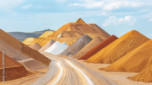   A dirt road winds through a desert  dotted with mounds of dirt In the distance  more dirt mounds punctuate the horizon The backdrop is a expansive  clear blue