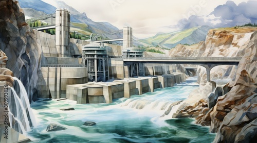 The image shows a large dam with water flowing over it and a bridge going over the top of it. There are mountains in the background and a blue sky with clouds. photo