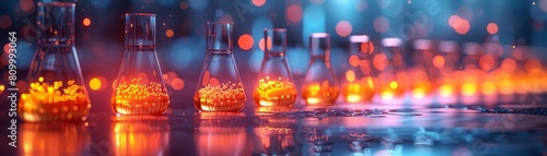 A row of beakers filled with a glowing orange liquid. The beakers are sitting on a reflective surface with a blue and purple background. photo
