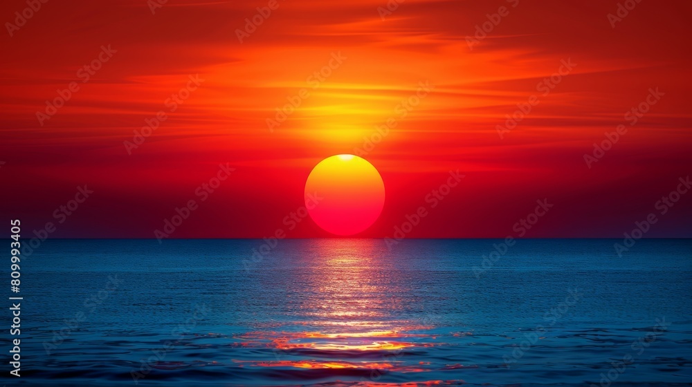 The sun sets over the ocean, mirroring its red and blue hues in the water The sun sets over the ocean, mirroring its red and blue hues in the water