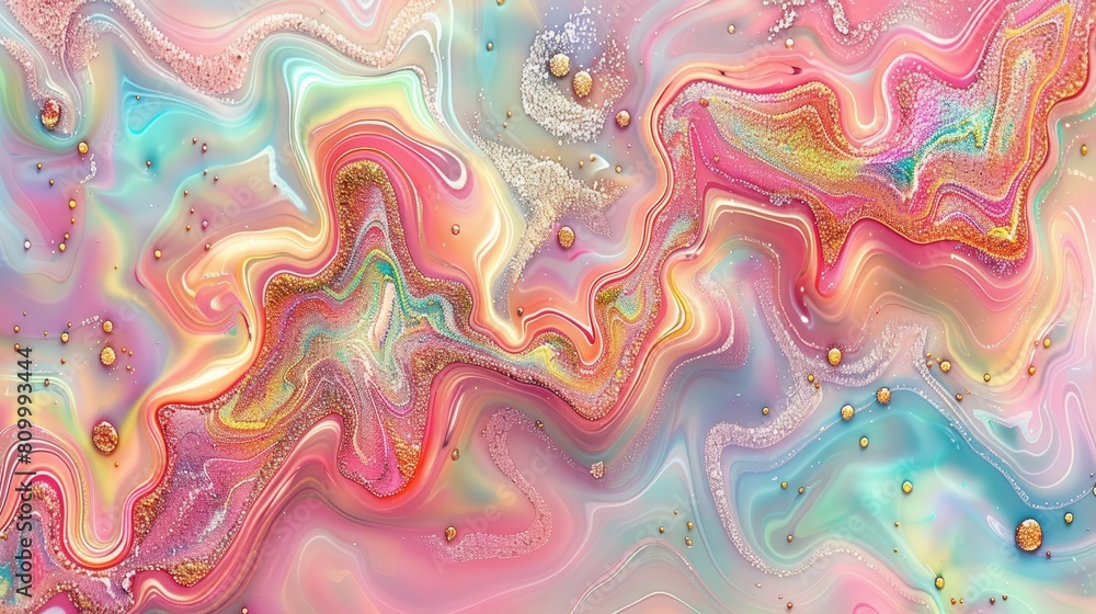   A multicolored abstract painting with numerous bubbles at its base in a fluid medium