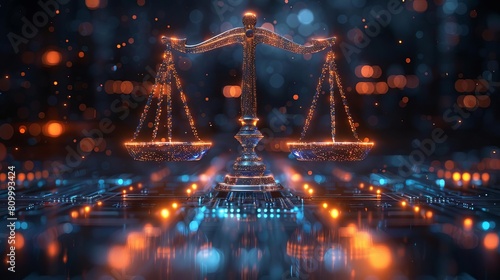 A digital illustration of the scales of justice. The scales are made of a glowing blue light and are set against a dark background. The scales are perfectly balanced.