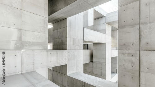   White-walled building interior Ceiling comprised of concrete blocks, featuring a central skylight © Jevjenijs
