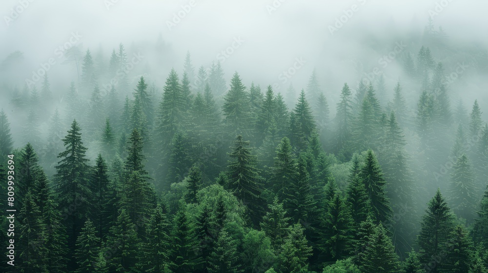 A forest teeming with tall, green trees enshrouded in midday fog A forest teeming with tall, green trees enshrouded in midday fog