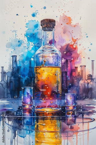 An abstract watercolor painting of a bottle of whiskey with two glasses on a table