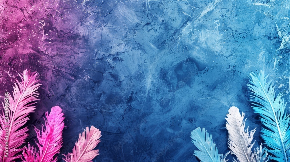 A blue and pink background with feathers in the middle in shades of blue, pink, and purple A blue and pink background with feathers in the middle in shades of blue, pink, and purple