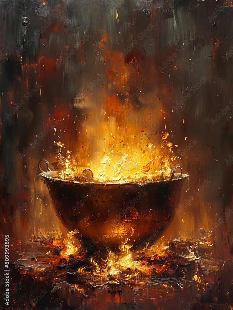 A digital painting of a large iron cauldron with flames leaping out of it A digital painting of a large iron cauldron with flames leaping out of it