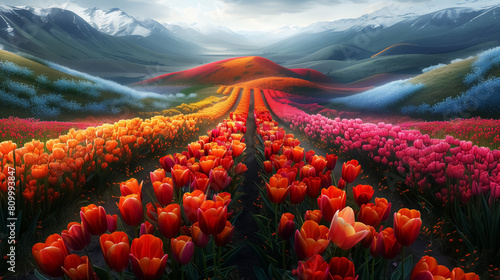 tulip valley, flower field, landscape with scinic garden. 4K Wallpaper and Background for desktop, laptop, Computer, Tablet, Mobile Cell Phone, Smartphone, Cellphone photo