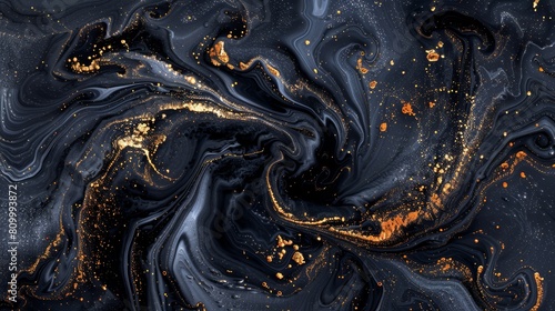   A tight shot of a black-and-gold spiral, adorned with copious gold paint droplets photo