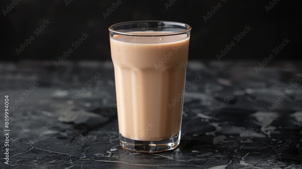 A tall glass, brimming with liquid, rests atop a black counter Nearby, a bottle of liquid sits atop a table A tall glass, brimming with liquid, rests atop a black counter Nearby, a bottle of liquid sits atop a table