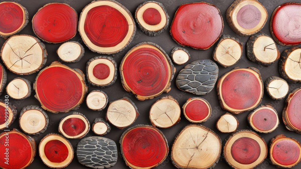 A collection of woods, halved, aligned on a black surface A collection of woods, halved, aligned on a black surface
