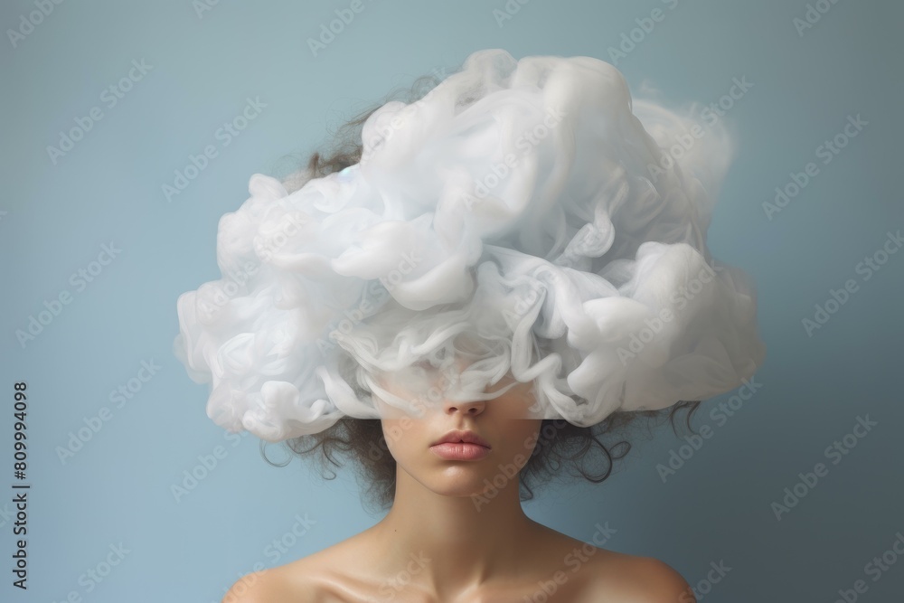 Teenage girl wrapped in clouds. Dreaming young lady surrounded with fluffy white clouds. Generate ai