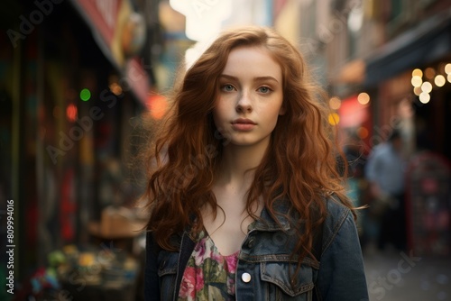 Wallpaper Mural Portrait of a young redhead woman with captivating eyes on a bustling city street at twilight Torontodigital.ca