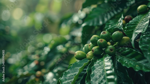 Raw arabica coffee beans in coffee plantation on green branch photo